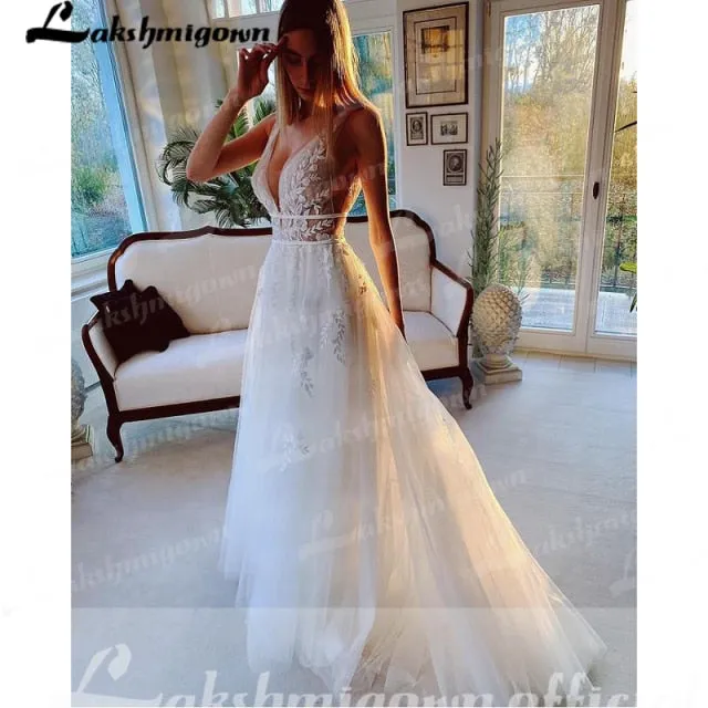 Roycebridal Ivory Lace Tulle Beading V-Neck Bridal Gowns Floor-Length A-Line Wedding Dresses Court Train Custom Made abiti da sposa