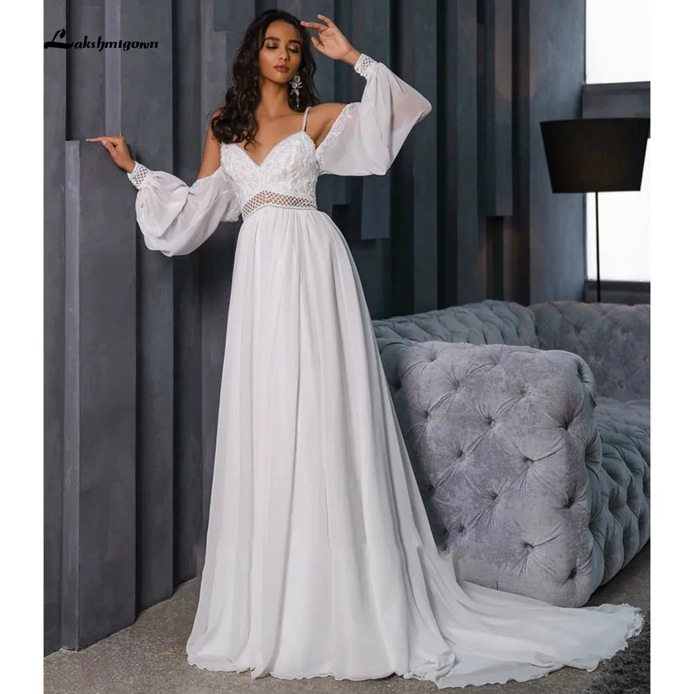 Roycebridal Lace Beading Chiffon Backless Spaghetti Straps lantern Sleeve Wedding Dresses Off Shoulder V Neck robe de mariée Lakshmigown