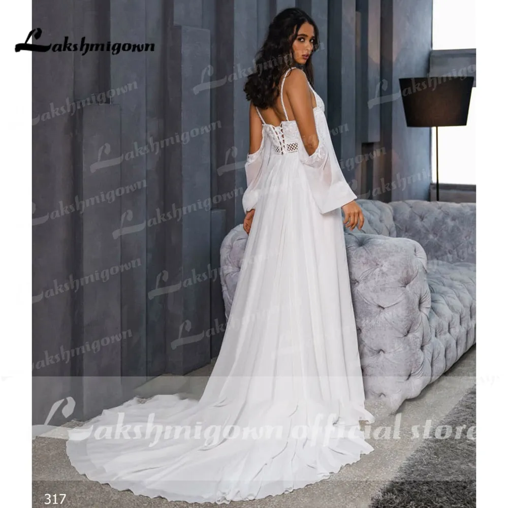 Roycebridal Lace Beading Chiffon Backless Spaghetti Straps lantern Sleeve Wedding Dresses Off Shoulder V Neck robe de mariée Lakshmigown