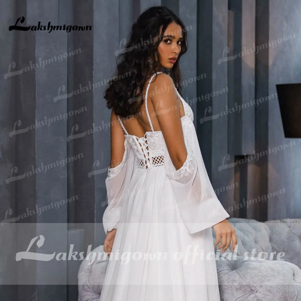 Roycebridal Lace Beading Chiffon Backless Spaghetti Straps lantern Sleeve Wedding Dresses Off Shoulder V Neck robe de mariée Lakshmigown