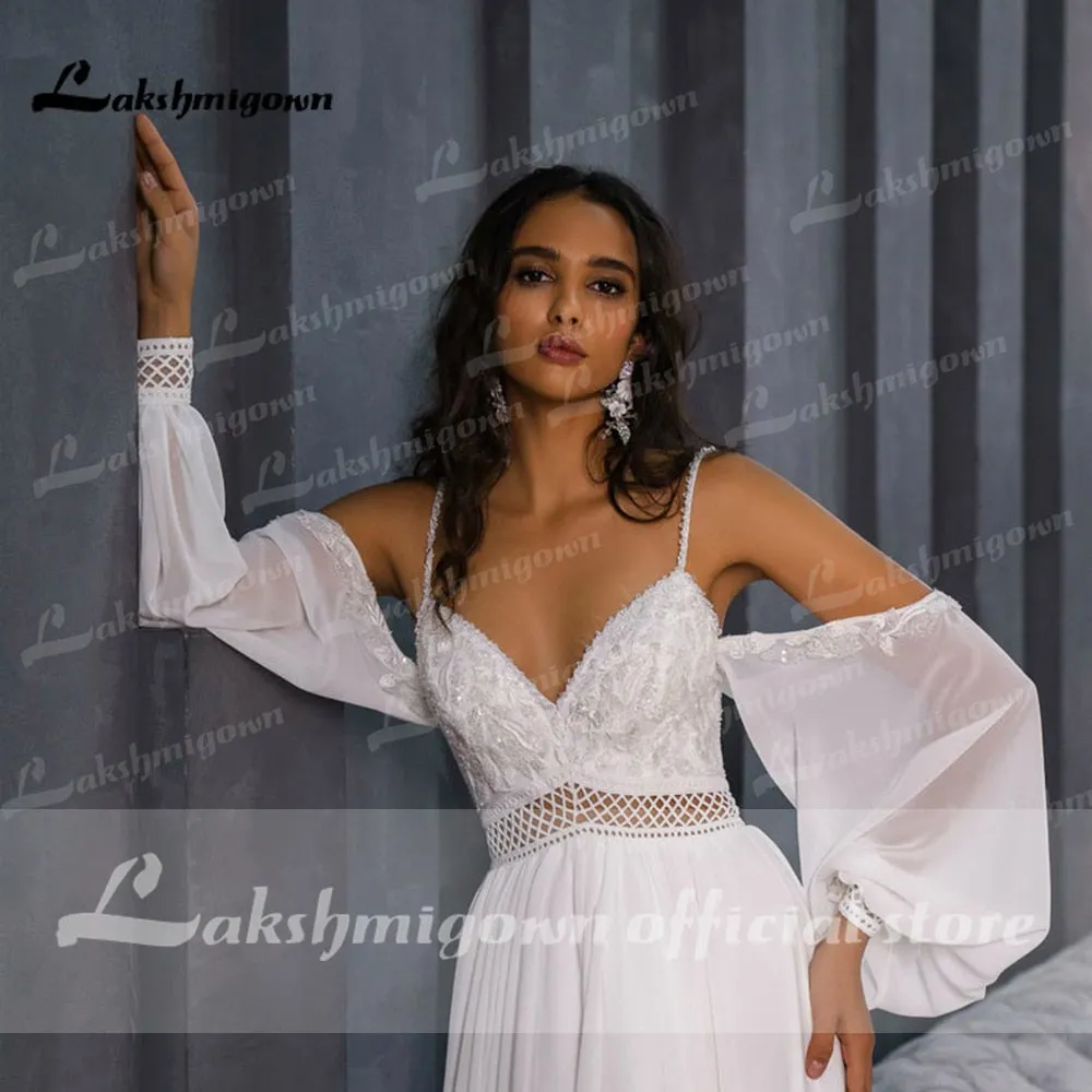 Roycebridal Lace Beading Chiffon Backless Spaghetti Straps lantern Sleeve Wedding Dresses Off Shoulder V Neck robe de mariée Lakshmigown