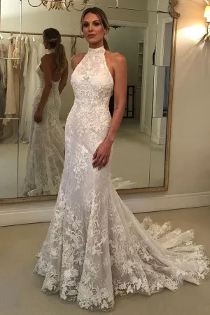 Roycebridal Lace Mermaid Halter Neck Backless Wedding Dresses With Court Train, MW965