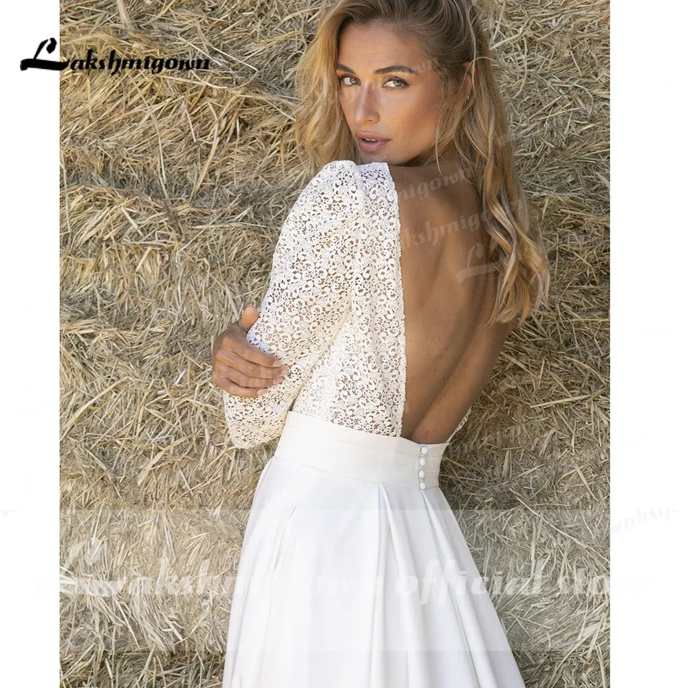 Roycebridal Lace O Neck Half Sleeve Satin Backless Wedding Dresses With Pocket Simple Elegant Modern vestidos de novia bohemio verano 2021