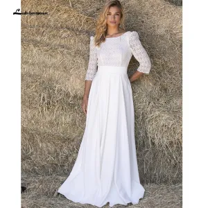 Roycebridal Lace O Neck Half Sleeve Satin Backless Wedding Dresses With Pocket Simple Elegant Modern vestidos de novia bohemio verano 2021