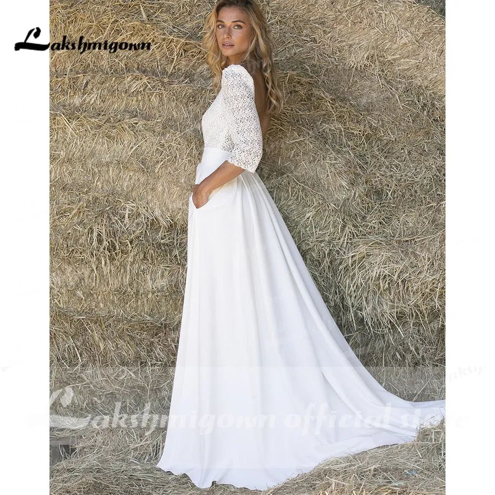 Roycebridal Lace O Neck Half Sleeve Satin Backless Wedding Dresses With Pocket Simple Elegant Modern vestidos de novia bohemio verano 2021
