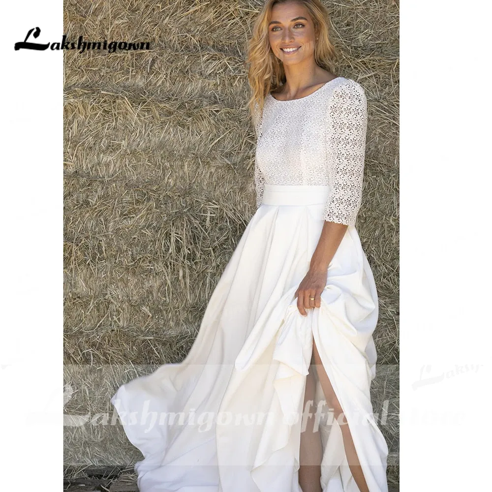 Roycebridal Lace O Neck Half Sleeve Satin Backless Wedding Dresses With Pocket Simple Elegant Modern vestidos de novia bohemio verano 2021