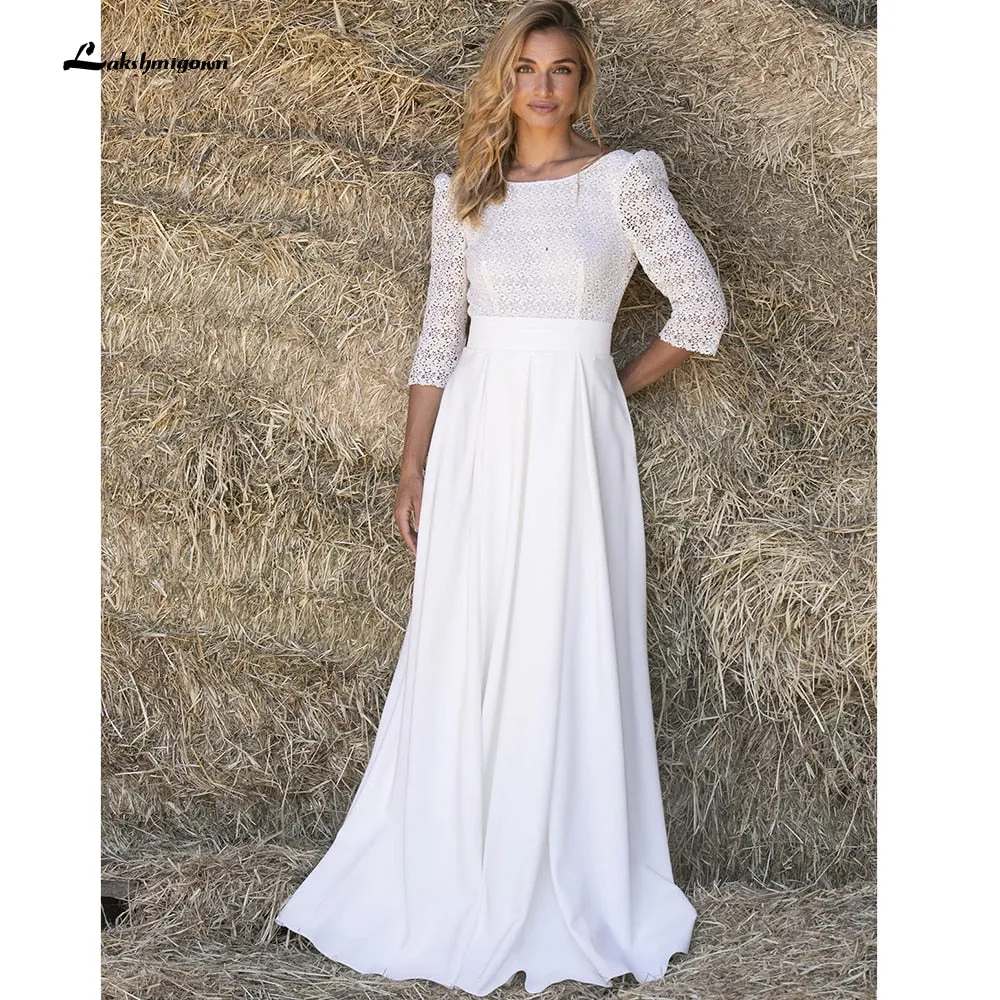 Roycebridal Lace O Neck Half Sleeve Satin Backless Wedding Dresses With Pocket Simple Elegant Modern vestidos de novia bohemio verano 2021