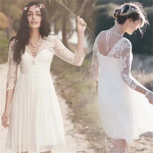 Roycebridal Lakshmigown Beach Wedding Dress Knee Length A Line Lace Chiffon Three Quarter Sleeve Summer Bridal Gowns robe de mariee