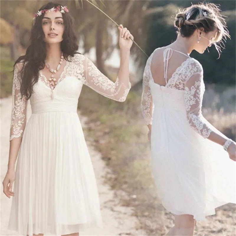 Roycebridal Lakshmigown Beach Wedding Dress Knee Length A Line Lace Chiffon Three Quarter Sleeve Summer Bridal Gowns robe de mariee