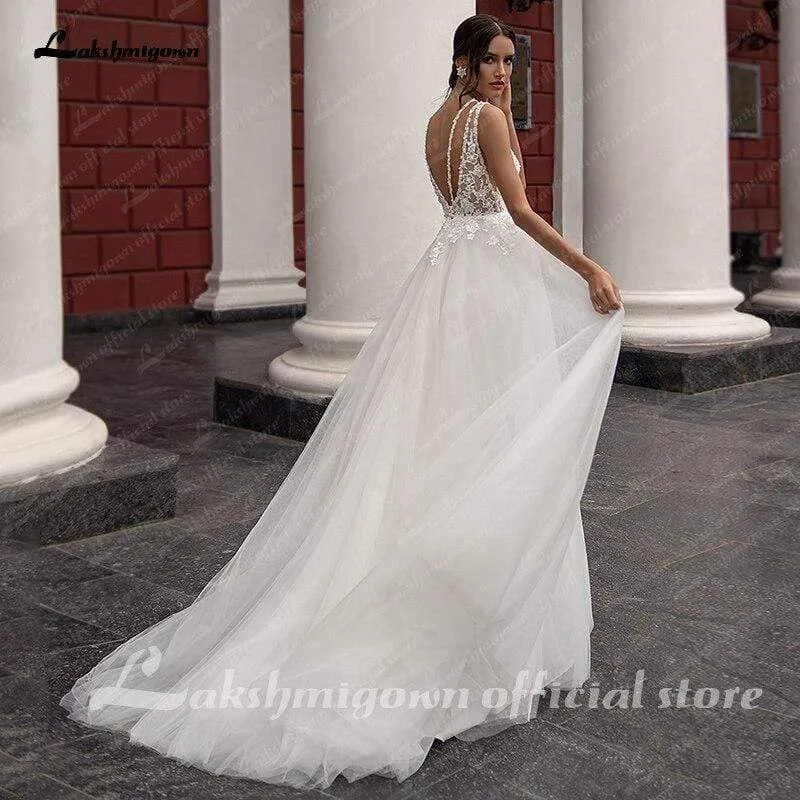 Roycebridal Lakshmigown Charming Lace Appliqued Wedding Dresses Beach Bride Gowns V-Neck Sleeveless A-line Tulle Country Party Dresses