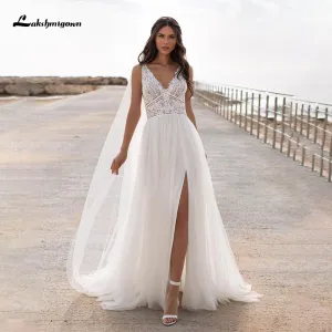 Roycebridal Lakshmigown High Slit A Line Wedding Dresses 2021 V Neck Backless Lace Appliques Boho Beach Tulle Bridal Gown vestido de novia