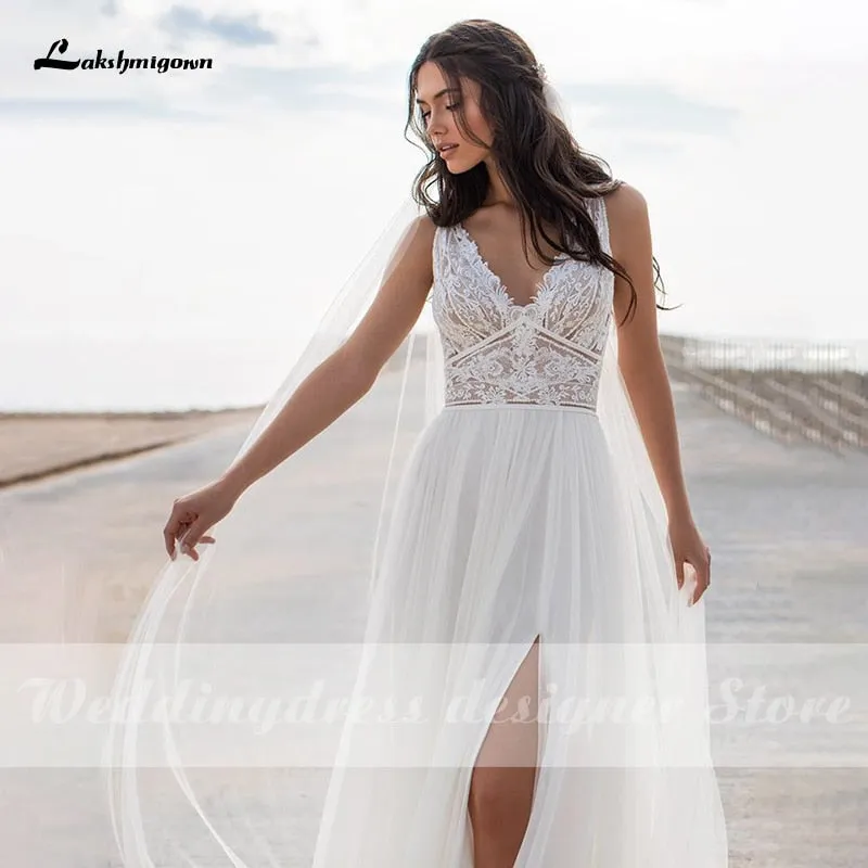 Roycebridal Lakshmigown High Slit A Line Wedding Dresses 2021 V Neck Backless Lace Appliques Boho Beach Tulle Bridal Gown vestido de novia