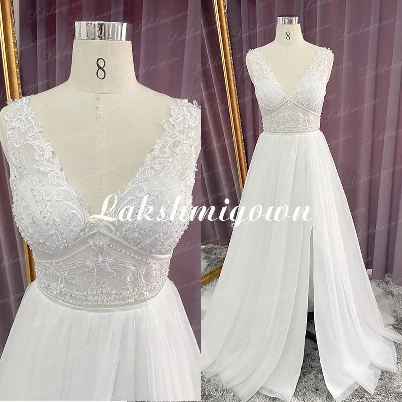 Roycebridal Lakshmigown High Slit A Line Wedding Dresses 2021 V Neck Backless Lace Appliques Boho Beach Tulle Bridal Gown vestido de novia
