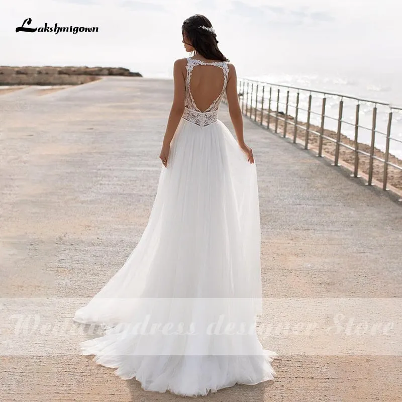Roycebridal Lakshmigown High Slit A Line Wedding Dresses 2021 V Neck Backless Lace Appliques Boho Beach Tulle Bridal Gown vestido de novia