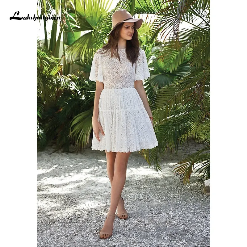 Roycebridal Lakshmigown Short Wedding Dresses For Bride 2021 Knee Length Lace Short Sleeveless Bridal Gowns A-line Gorgeous Open Back