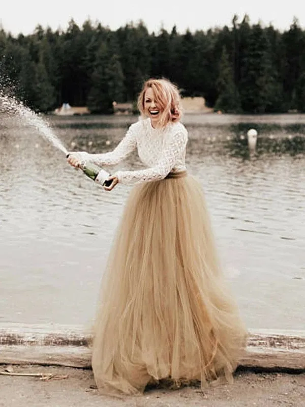 Roycebridal Lakshmigown Two Pieces A-Line Long Sleeve Backless Wedding Dress Bridal Gown vestido de noiva gelinlik