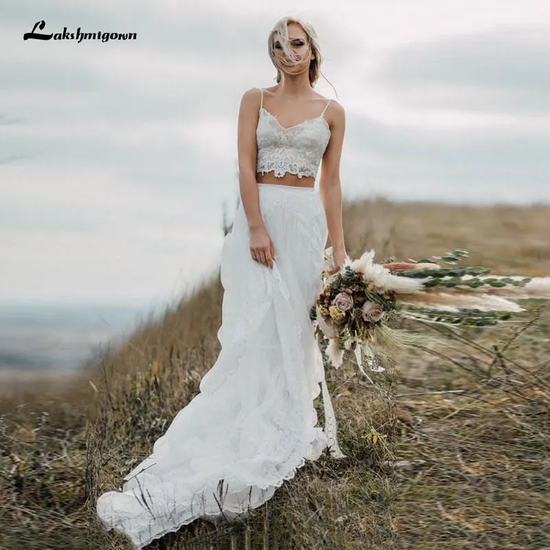 Roycebridal Lakshmigown Two Pieces Elegant V-Neck Lace Backless Wedding Dress Simple Beach Sleeveless Bridal Gowns for woman Robe de mariee