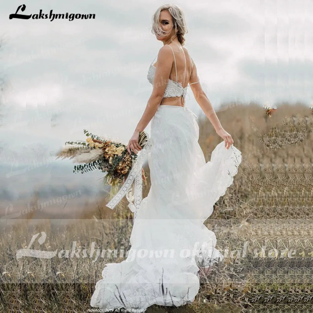 Roycebridal Lakshmigown Two Pieces Elegant V-Neck Lace Backless Wedding Dress Simple Beach Sleeveless Bridal Gowns for woman Robe de mariee