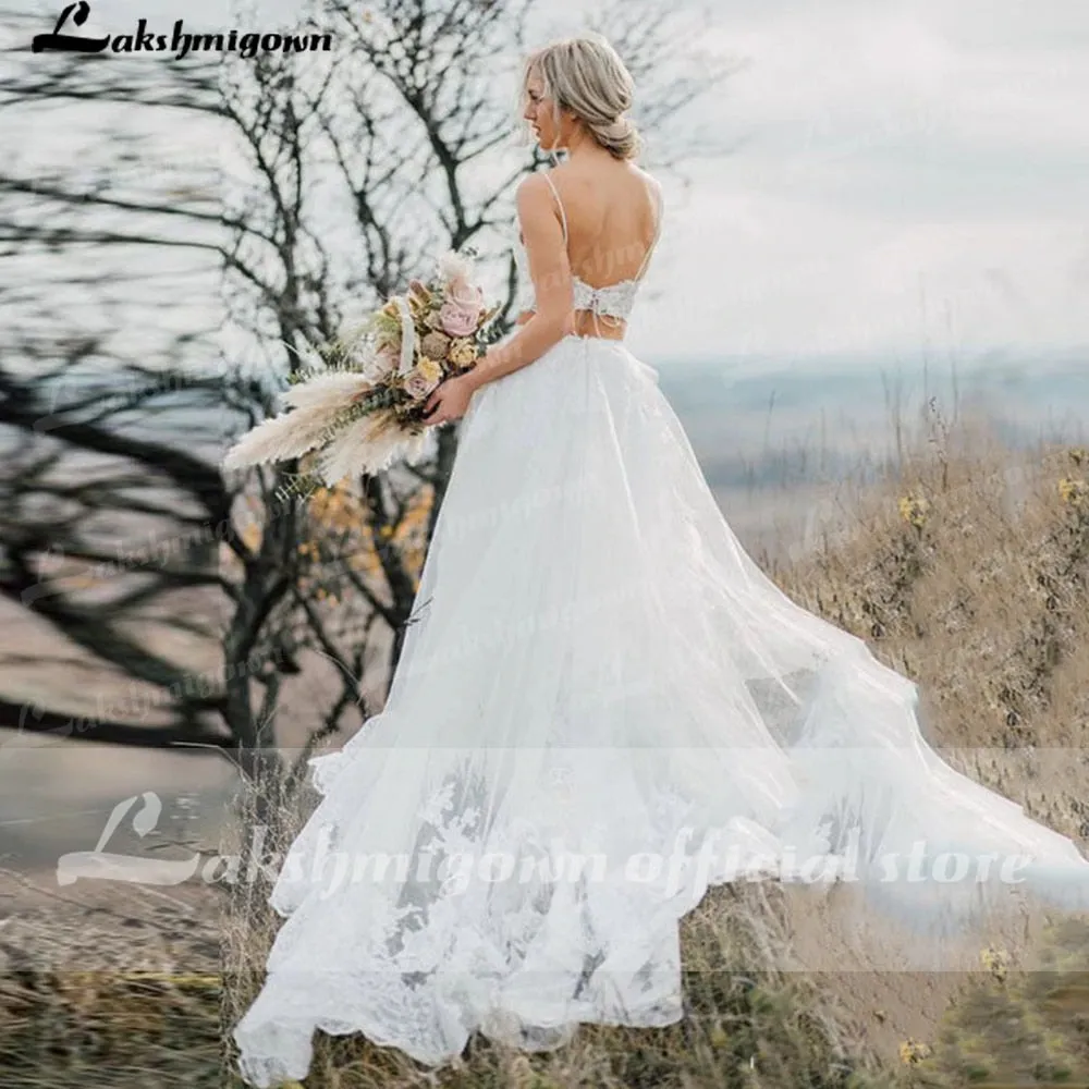 Roycebridal Lakshmigown Two Pieces Elegant V-Neck Lace Backless Wedding Dress Simple Beach Sleeveless Bridal Gowns for woman Robe de mariee