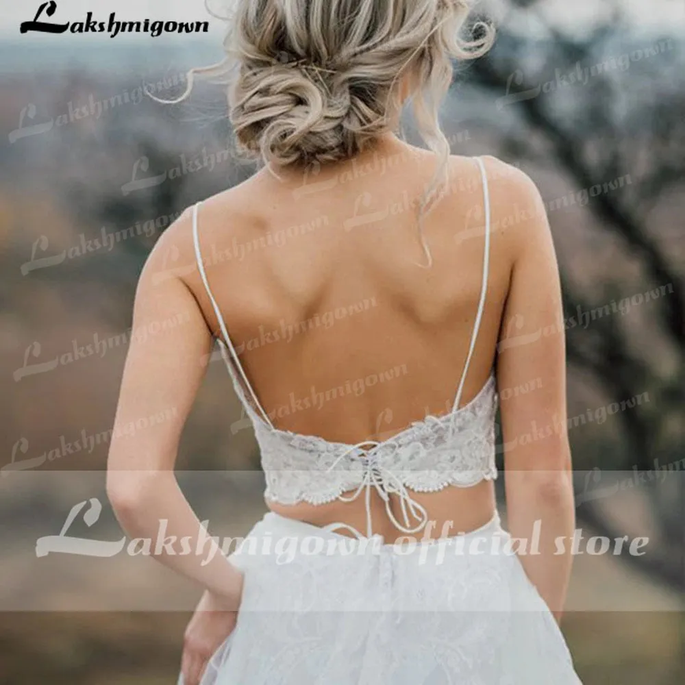 Roycebridal Lakshmigown Two Pieces Elegant V-Neck Lace Backless Wedding Dress Simple Beach Sleeveless Bridal Gowns for woman Robe de mariee