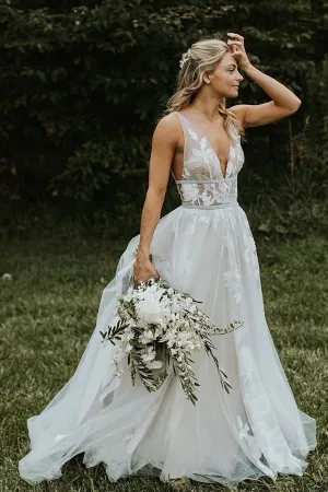 Roycebridal Marvelous V-neck A-line Wedding Dresses Appliques Tulle Bridal Gowns,MW468