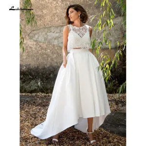 Roycebridal Modest Two pieces Lace Wedding Dress V Neck See-through Satin A Line Bridal Marriage Gowns Vestido de noiva