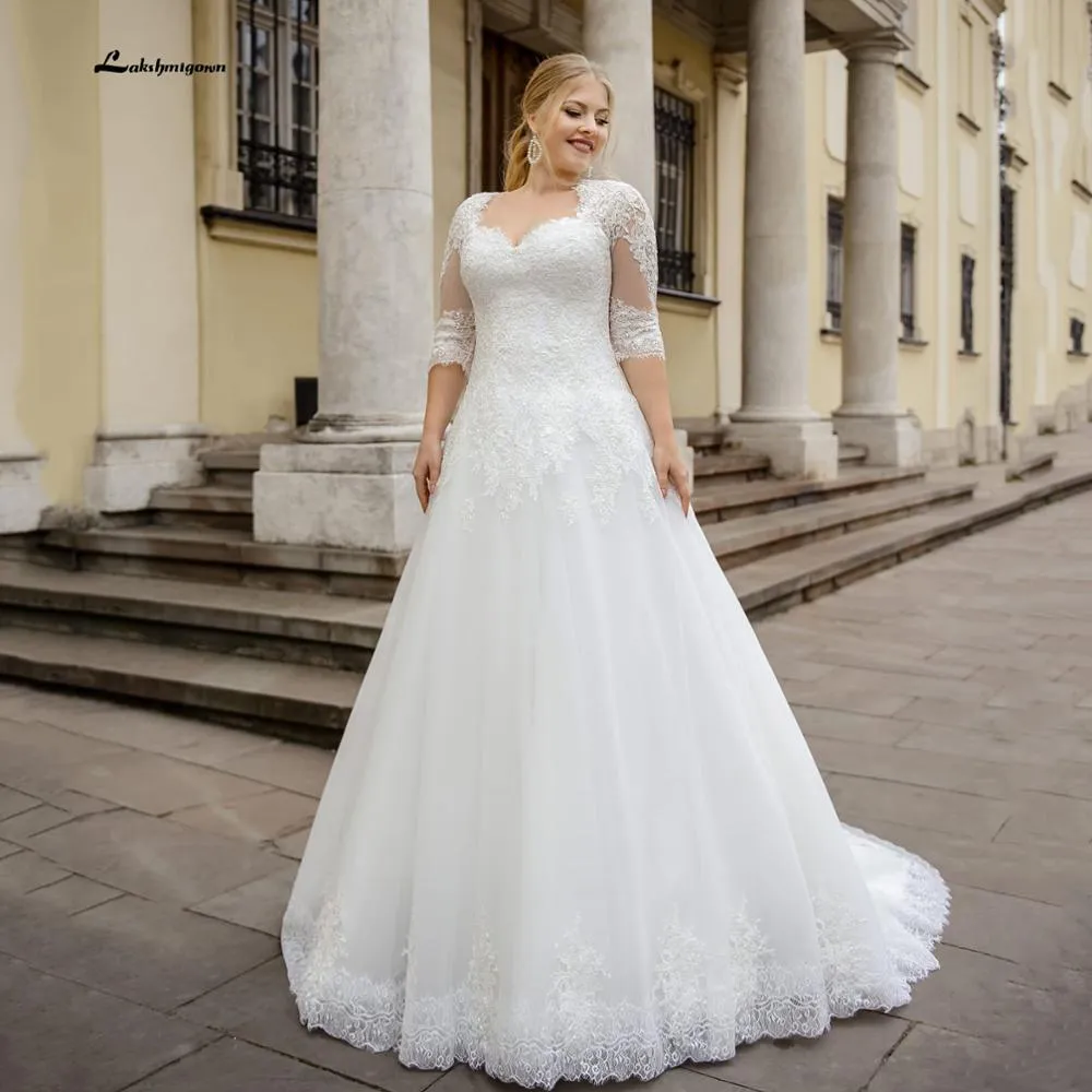 Roycebridal Plus Size Wedding Dress With Half Sleeve Custom Made Lace Appliques Lace Up Back Bride Dress For Big Size Women