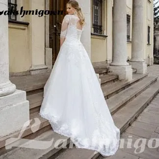 Roycebridal Plus Size Wedding Dress With Half Sleeve Custom Made Lace Appliques Lace Up Back Bride Dress For Big Size Women