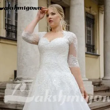 Roycebridal Plus Size Wedding Dress With Half Sleeve Custom Made Lace Appliques Lace Up Back Bride Dress For Big Size Women