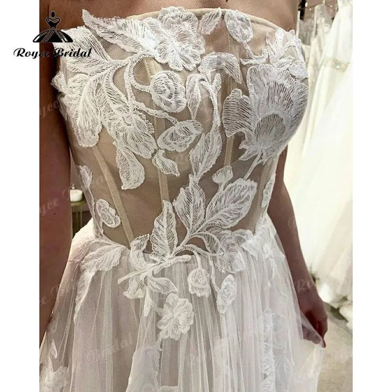 Roycebridal Robe Chic Lace Appliques A Line Boho Wedding Dress Beach Off the Shoulder Floral Bridal Gown for Women Wedding Party Gowns