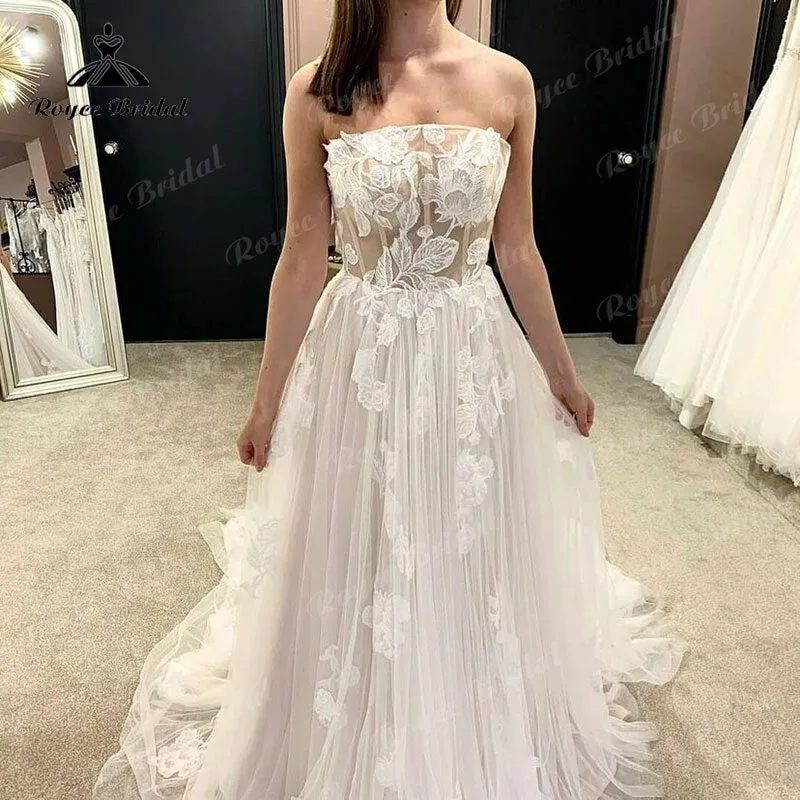 Roycebridal Robe Chic Lace Appliques A Line Boho Wedding Dress Beach Off the Shoulder Floral Bridal Gown for Women Wedding Party Gowns