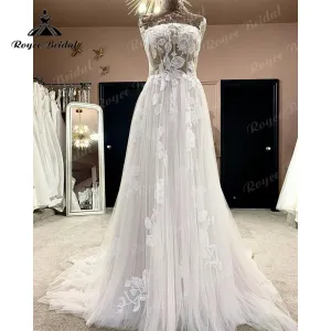 Roycebridal Robe Chic Lace Appliques A Line Boho Wedding Dress Beach Off the Shoulder Floral Bridal Gown for Women Wedding Party Gowns
