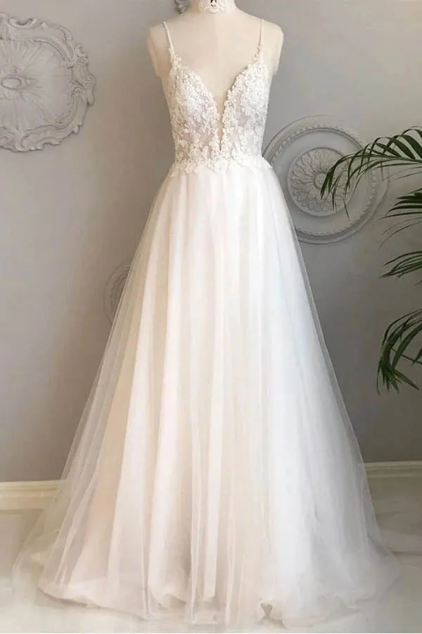 Roycebridal Simple Spaghetti Straps A-line Beach Wedding Dresses Lace Wedding Gowns,MW463