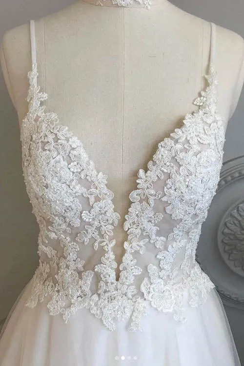 Roycebridal Simple Spaghetti Straps A-line Beach Wedding Dresses Lace Wedding Gowns,MW463