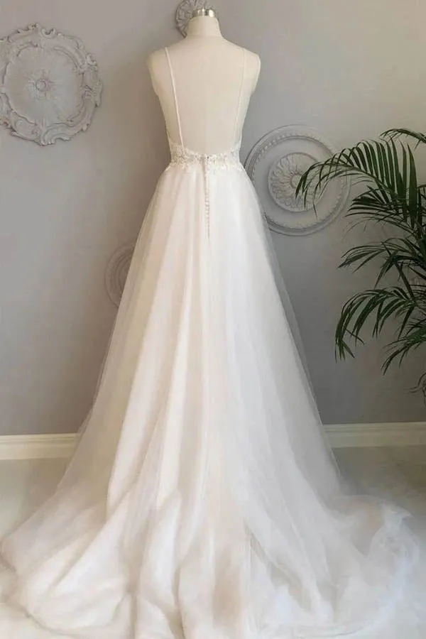 Roycebridal Simple Spaghetti Straps A-line Beach Wedding Dresses Lace Wedding Gowns,MW463