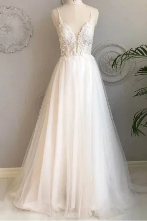 Roycebridal Simple Spaghetti Straps A-line Beach Wedding Dresses Lace Wedding Gowns,MW463