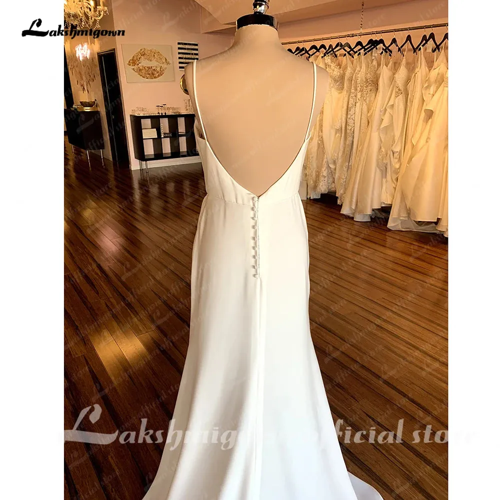 Roycebridal Spaghetti Straps Satin Wedding Dresses For Women Off White Wedding Gowns Backless Sexy Party Gowns