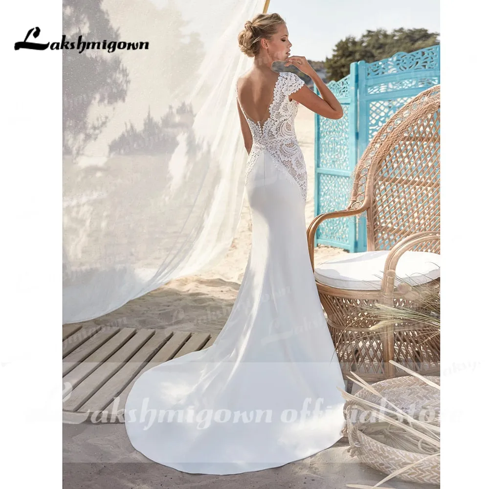 Roycebridal trouwjurk robe mariée sirene Sexy Mermaid V Neck Cap Sleeve Wedding Dresses High Split Sweep Train robe de soirée de mariage