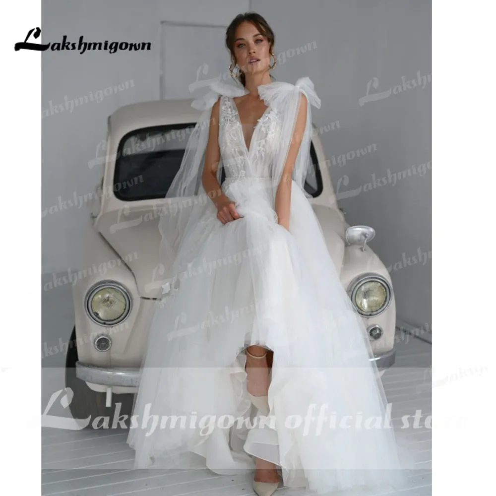 Roycebridal vestido de novia  Lace Tulle Backless V Neck Bow Wedding Dresses Elegant V Shape Back robe de soirée de mariage Lakshmigown