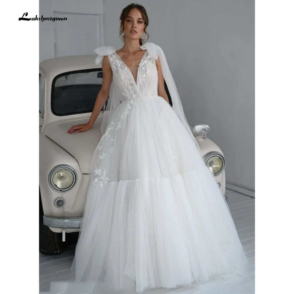 Roycebridal vestido de novia  Lace Tulle Backless V Neck Bow Wedding Dresses Elegant V Shape Back robe de soirée de mariage Lakshmigown