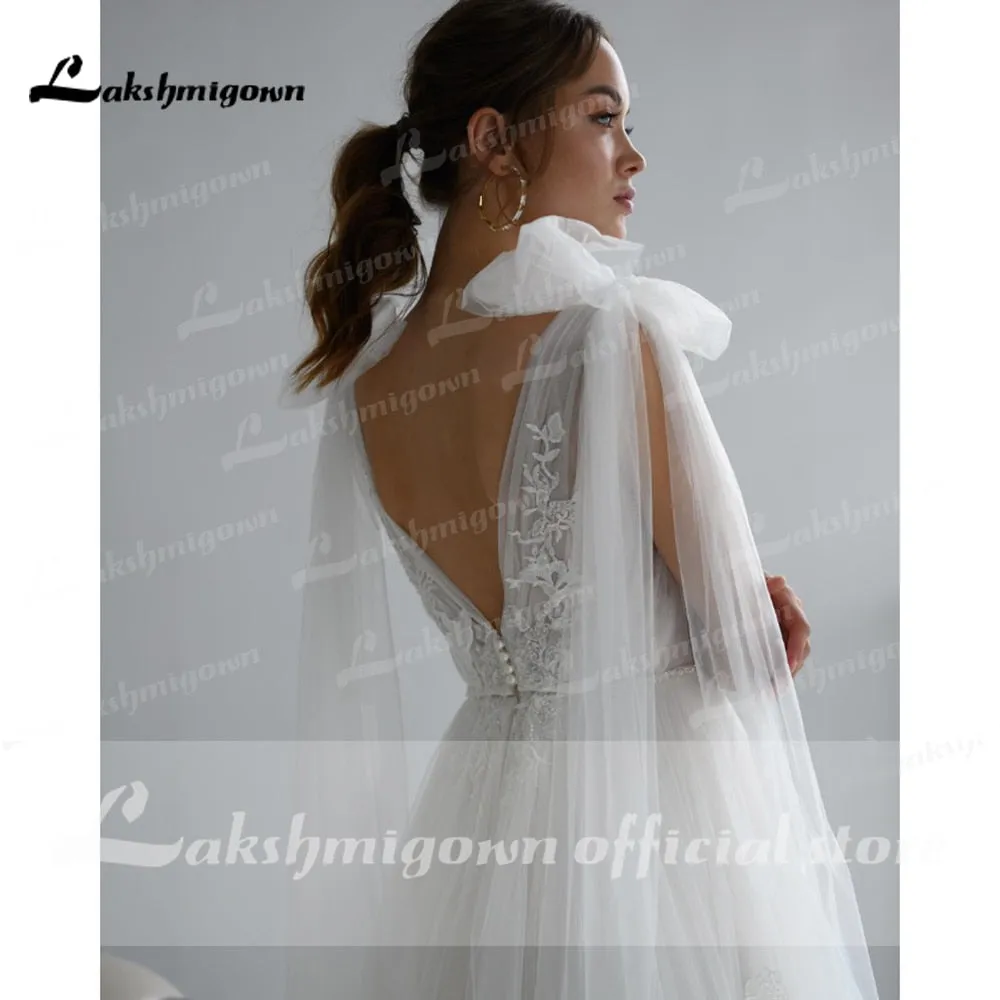 Roycebridal vestido de novia  Lace Tulle Backless V Neck Bow Wedding Dresses Elegant V Shape Back robe de soirée de mariage Lakshmigown