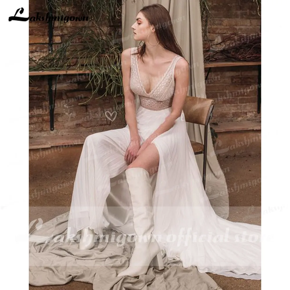 Roycebridal vestido de novia sin espalda Deep V Neck Sexy Lace High Split Sleeveles Open Back Wedding Dresses vestido de fiesta de boda