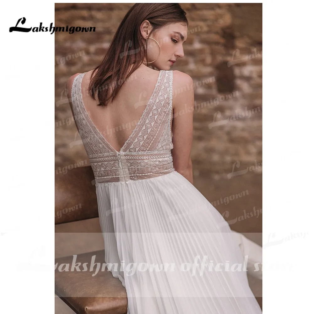 Roycebridal vestido de novia sin espalda Deep V Neck Sexy Lace High Split Sleeveles Open Back Wedding Dresses vestido de fiesta de boda