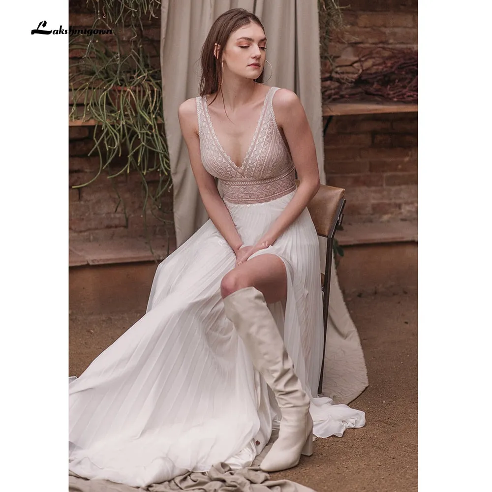 Roycebridal vestido de novia sin espalda Deep V Neck Sexy Lace High Split Sleeveles Open Back Wedding Dresses vestido de fiesta de boda