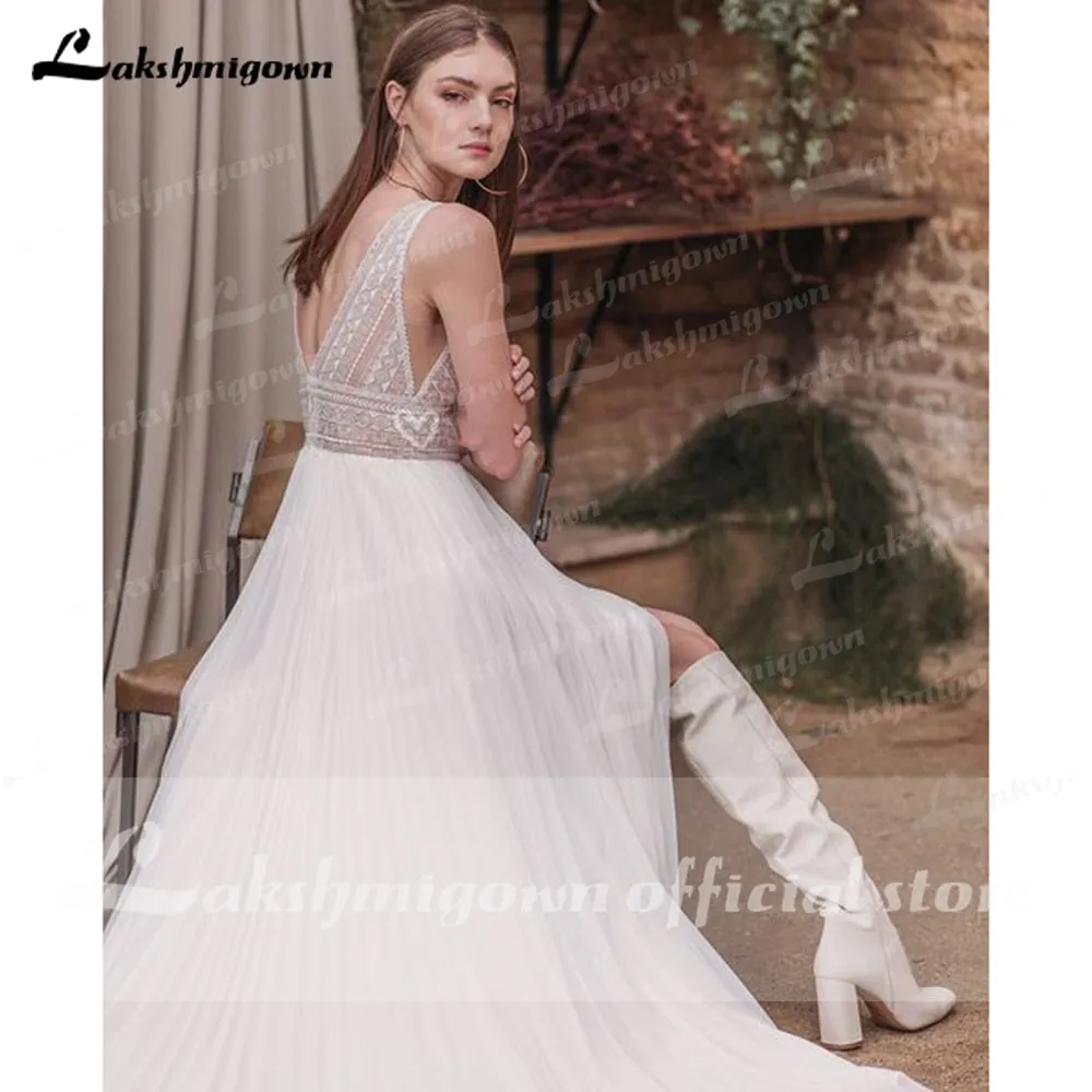 Roycebridal vestido de novia sin espalda Deep V Neck Sexy Lace High Split Sleeveles Open Back Wedding Dresses vestido de fiesta de boda