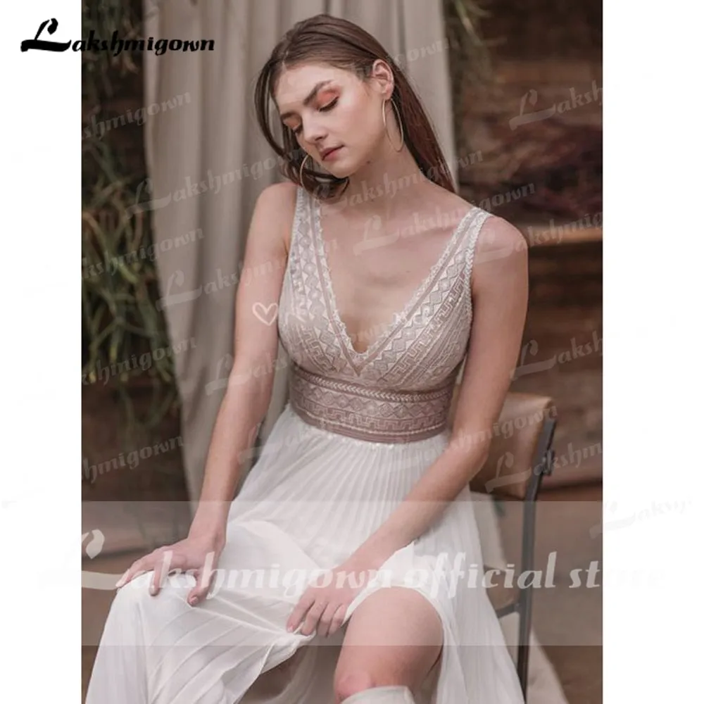 Roycebridal vestido de novia sin espalda Deep V Neck Sexy Lace High Split Sleeveles Open Back Wedding Dresses vestido de fiesta de boda