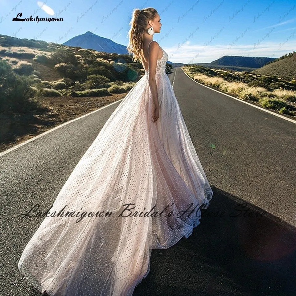 Roycebridal Vestido Novia Boho Blush Plush Pink Wedding Dress Summer  New Mariage Bridal Lace Bodice Sexy Wedding Gowns Spaghetti Straps