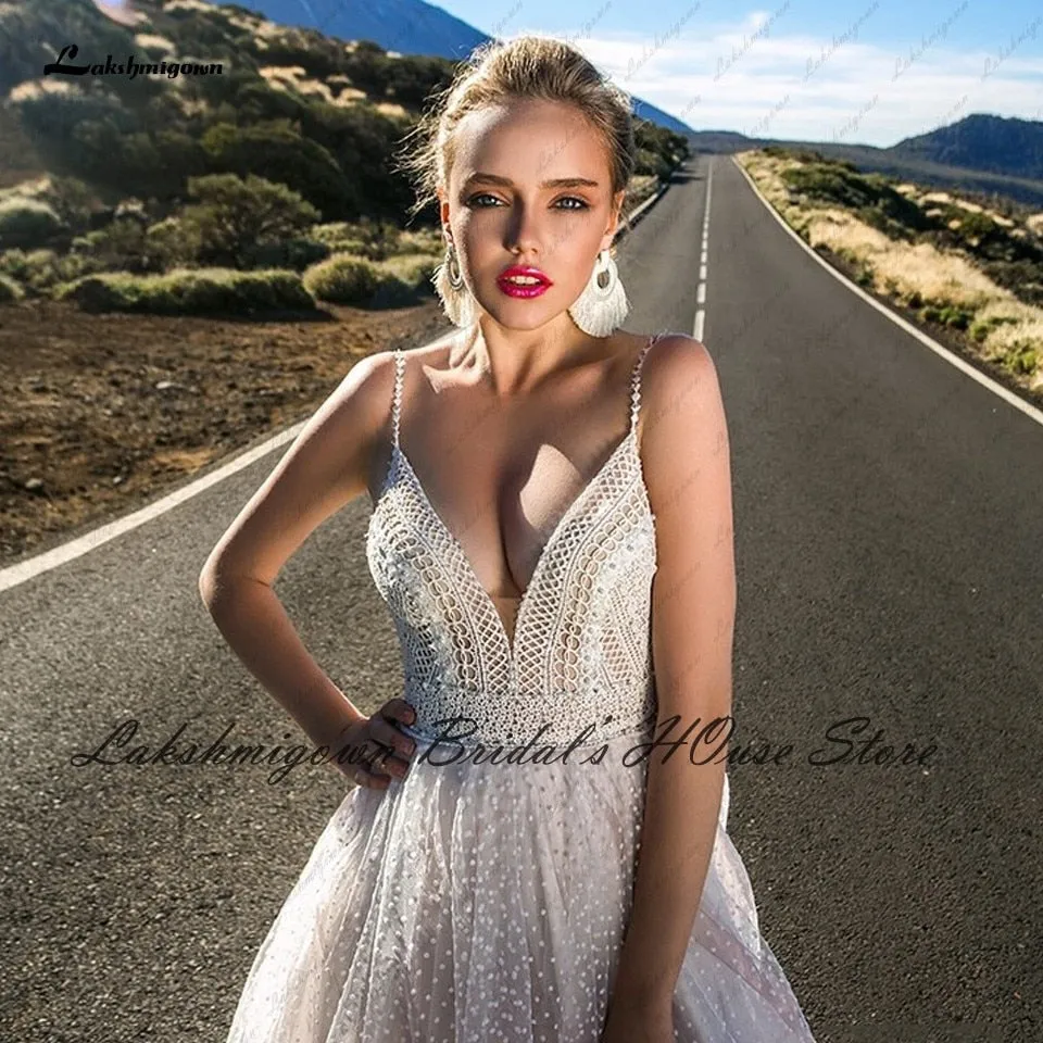 Roycebridal Vestido Novia Boho Blush Plush Pink Wedding Dress Summer  New Mariage Bridal Lace Bodice Sexy Wedding Gowns Spaghetti Straps