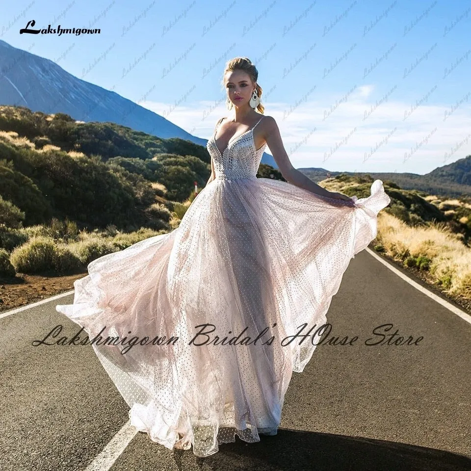 Roycebridal Vestido Novia Boho Blush Plush Pink Wedding Dress Summer  New Mariage Bridal Lace Bodice Sexy Wedding Gowns Spaghetti Straps