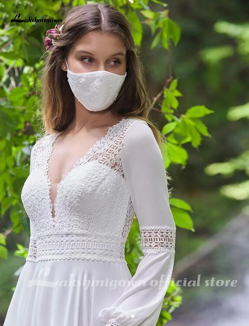 Roycebridal Vintage Long Puff Sleeves Wedding Dress Lace And Chiffon A Line Bride Gowns Backless Sexy Boho Bridal Dress New  Arrival